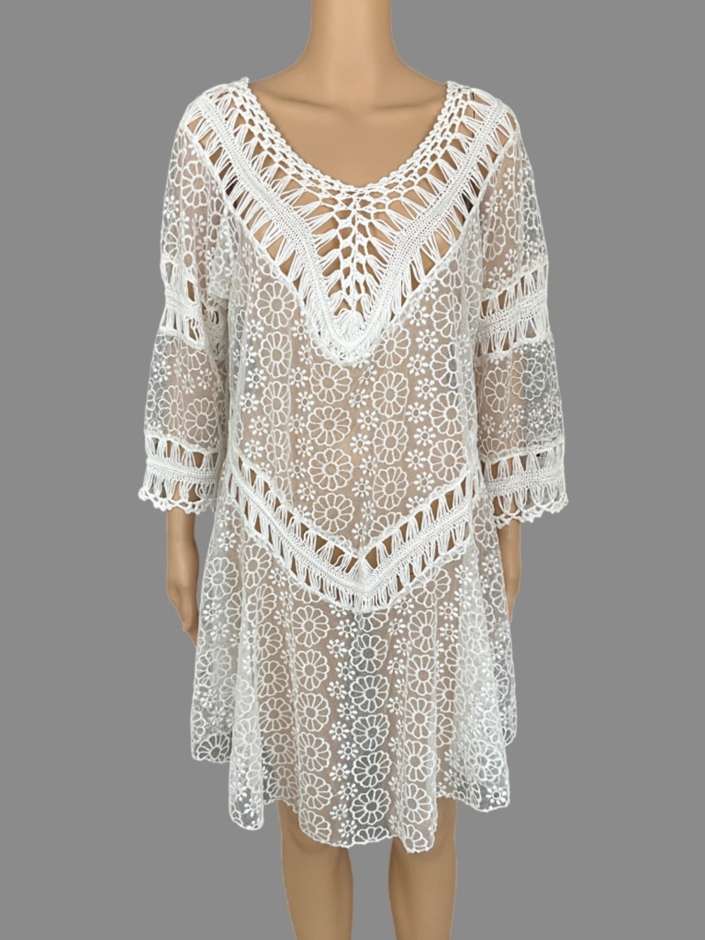 White Sheer Lace Crochet Boho Tunic Coverup 3/4 Sleeve